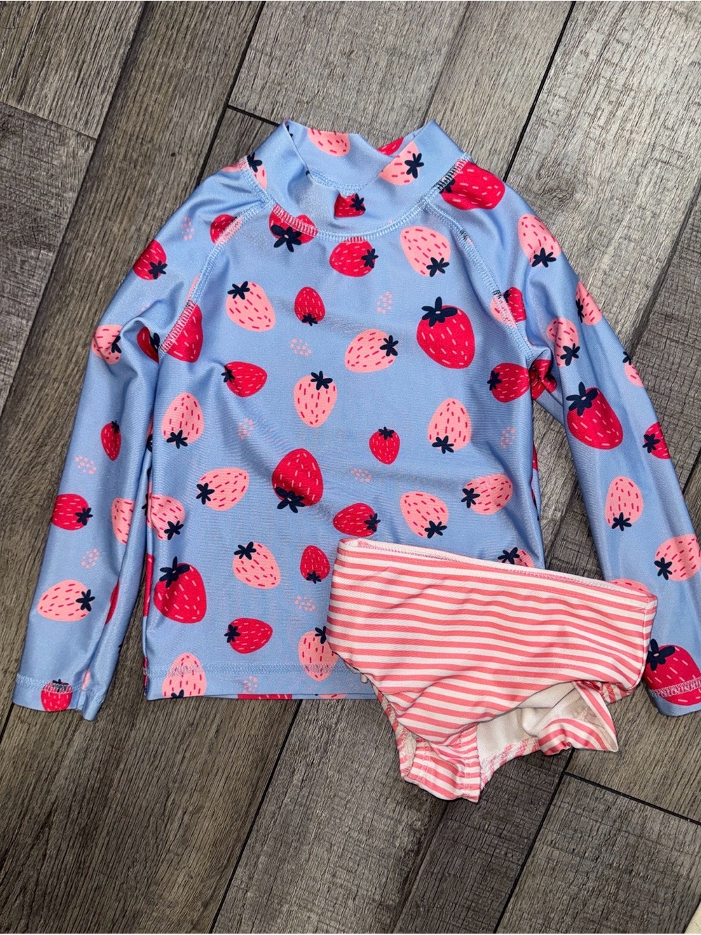 Long-Sleeve Kids Rash Guard Set in Light Blue with Pink Strawberry Print
